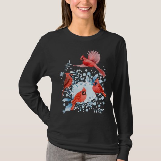 Mooie rode kardinaalvogels Winter Scene Christma T-shirt (Voorkant)