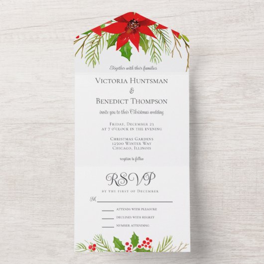 Mooie rode kerst poinsettia bloemenbruiloft all in one uitnodiging (Binnen)