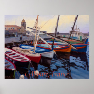 Mooie rode oranje blauwe groene boten in Collioure Poster