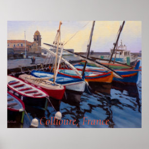 Mooie rode oranje blauwe groene boten in Collioure Poster
