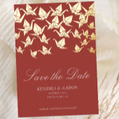 Mooie rode origami papierkraan bewaar de datum folie uitnodiging