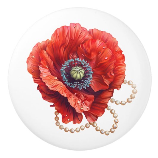 Mooie rode papaver met parels keramische knop (Voorkant)