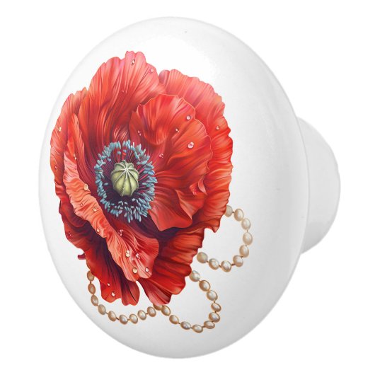 Mooie rode papaver met parels keramische knop (Rechts)