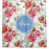Mooie rode papavers met blauwe vlinders en naam douchegordijn (Voorkant)