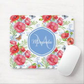 Mooie rode papavers met blauwe vlinders en naam muismat (Met muis)