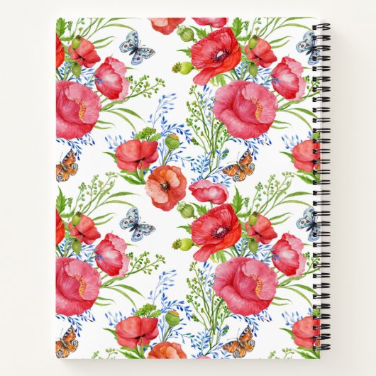 Mooie rode papavers met blauwe vlinders en naam notitieboek (Achterkant)