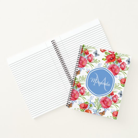 Mooie rode papavers met blauwe vlinders en naam notitieboek (Binnen)