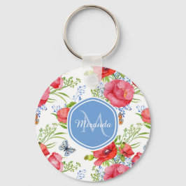 Mooie rode papavers met blauwe vlinders en naam sleutelhanger
