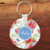 Mooie rode papavers met blauwe vlinders en naam sleutelhanger (Voorkant)