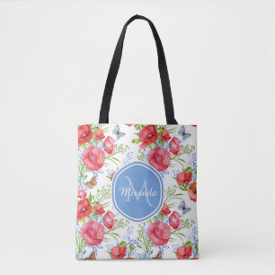 Mooie rode papavers met blauwe vlinders en naam tote bag