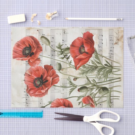 Mooie rode papavers  muziek blad ephemera tissuepapier (Craft)