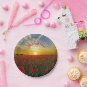 Mooie rode papavervelden op zonsoprijfoto papieren bordje (Feest)