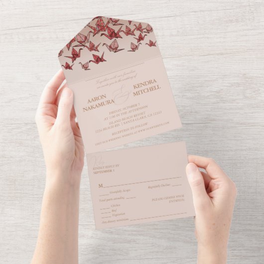 Mooie rode papierkraan all in one uitnodiging (Afscheurbaar)