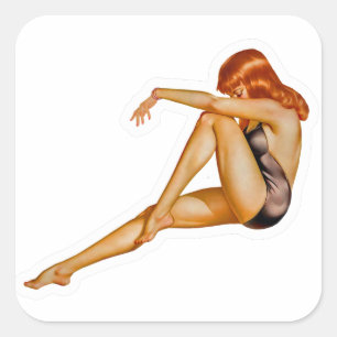 Mooie rode pin-up meisje met hoofdhaar vierkante sticker