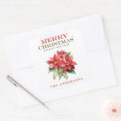 Mooie Rode Poinsettia Bloem Naam Prettig Kerstfees Vierkante Sticker (Envelop)