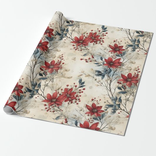 Mooie  rode poinsettia kerst cadeaupapier (Uitgerold)