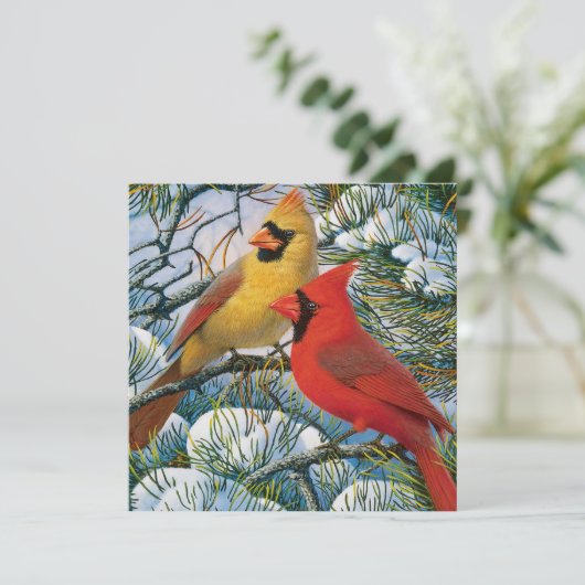 Mooie rode rode kardinalen en sneeuwkerst feestdagenkaart (Staand voorkant)