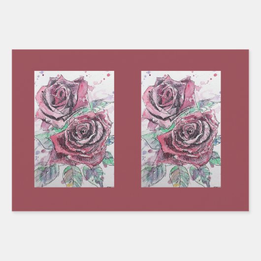 Mooie rode rode roze en inktschilderende Waterverf Inpakpapier Vel (Voorkant 3)