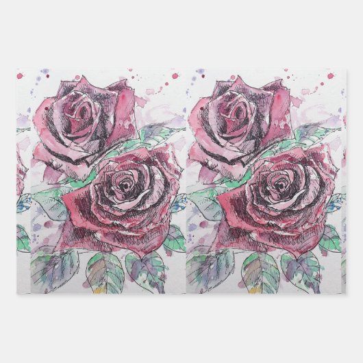 Mooie rode rode roze en inktschilderende Waterverf Inpakpapier Vel (Voorkant)