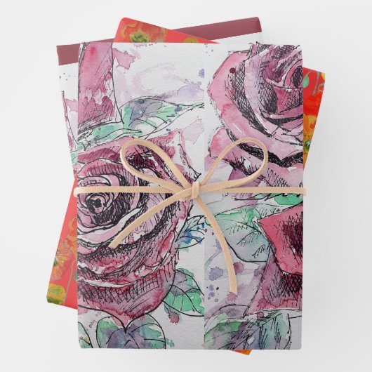 Mooie rode rode roze en inktschilderende Waterverf Inpakpapier Vel (In situ)