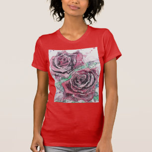 Mooie rode rode roze en inktschilderende Waterverf T-shirt