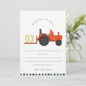 Mooie rode roestkleurige boerentractor kinderen el bedankkaart (Staand voorkant)