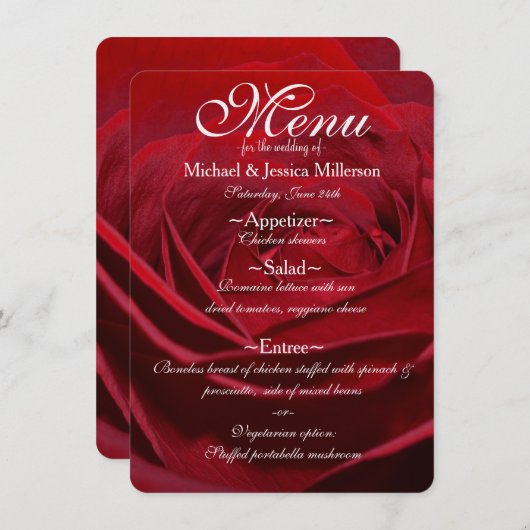 Mooie rode roos bruiloft menu (Voorkant / Achterkant)