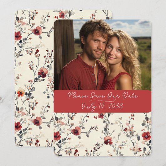 Mooie rode & roze elegante bloemstukken save the date (Voorkant / Achterkant)