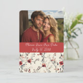 Mooie rode & roze elegante bloemstukken save the date (Staand voorkant)