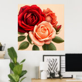 Mooie rode, roze en koraalrode rozen poster (Thuiskantoor)