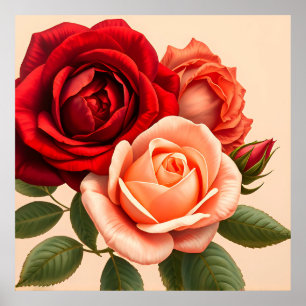 Mooie rode, roze en koraalrode rozen poster