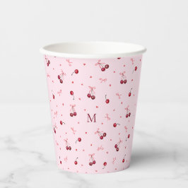 Mooie rode roze kersen harten linten met monogram papieren bekers