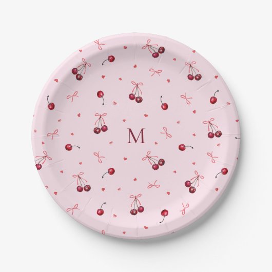 Mooie rode roze kersen harten linten met monogram papieren bordje (Voorkant)