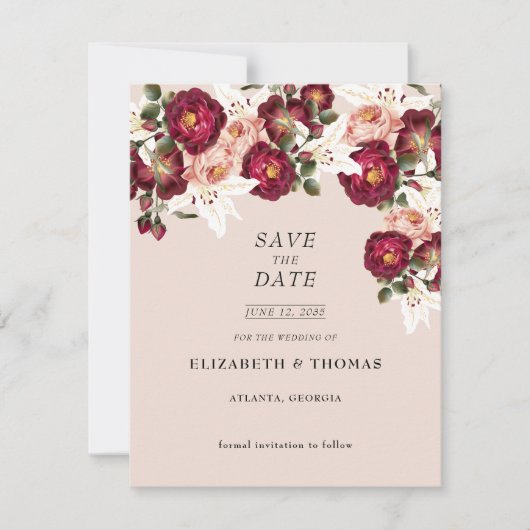 Mooie Rode Roze Rozen Witte Lelies Bruiloft Opslag Save The Date (Voorkant)