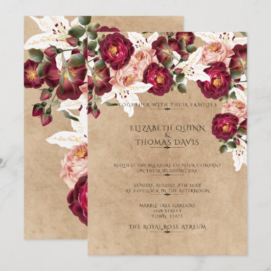 Mooie rode roze rozen witte lilies bruiloft kaart (Voorkant / Achterkant)