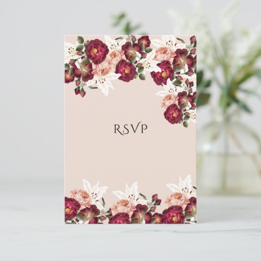 Mooie rode roze rozen witte lilies bruiloft RSV RSVP Kaartje (Staand voorkant)