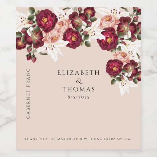 Mooie rode roze rozen witte lilies bruiloft wijn etiket (Enkel label)