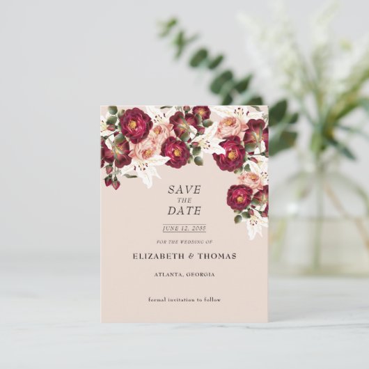 Mooie rode roze rozen witte lilies weddenschap Sav Save The Date (Staand voorkant)