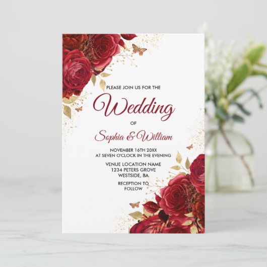 Mooie rode rozen Elegant Wedding Uitnodiging (Staand voorkant)