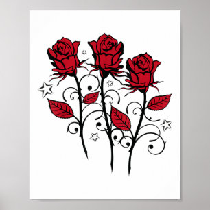 Mooie rode rozen en bladeren met sterren Tattoo _ Poster