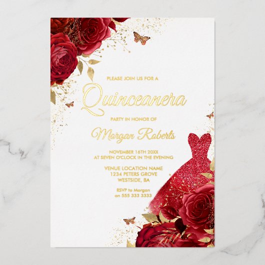 Mooie rode rozen en dress Gold Foil Quinceanera Folie Uitnodiging (Voorkant)