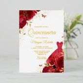 Mooie rode rozen en dress Gold Foil Quinceanera Folie Uitnodiging (Staand Voorkant)