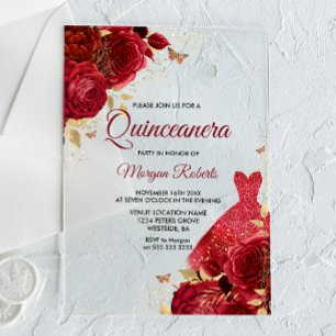 Mooie Rode Rozen Fonkelende Jurk Quinceanera Acryl Uitnodigingen