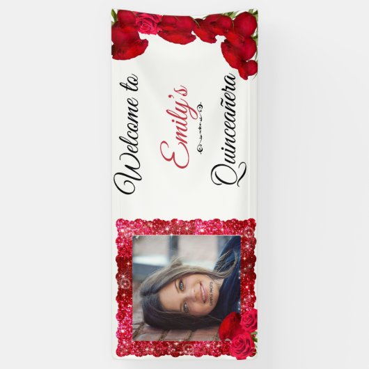 Mooie, rode rozen, glitter, quinceanera, op maat spandoek (Verticaal)