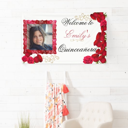 Mooie, rode rozen, gouden glitter sprankelende fot spandoek (Insitu)