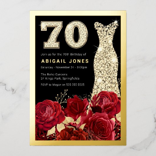 Mooie rode rozen gouden jurk 70e verjaardag partij folie uitnodiging (Voorkant)