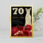 Mooie rode rozen gouden jurk 70e verjaardag partij folie uitnodiging (Staand Voorkant)