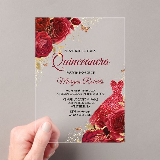 Mooie rode rozen met een kleine dress Quinceanera Acryl Uitnodigingen (Insitu (Draagbaar))