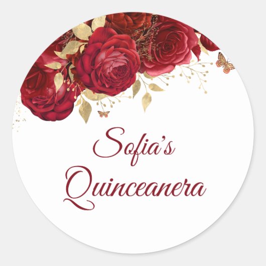 Mooie Rode Rozen Quinceanera Feestfavoriet Ronde Sticker (Voorkant)