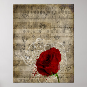 Mooie rode rozenroze muzieknoten zwoegen piano poster